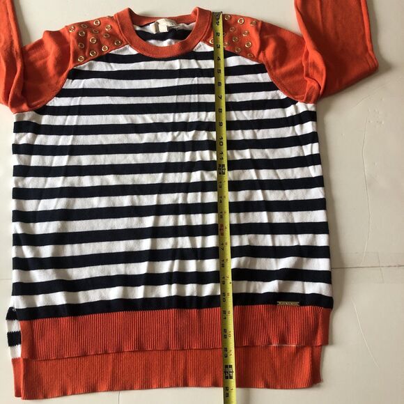 MICHAEL Michael Kors Women Sweater Orange Navy White Stripe Gold Grommets Large - Picture 6 of 16